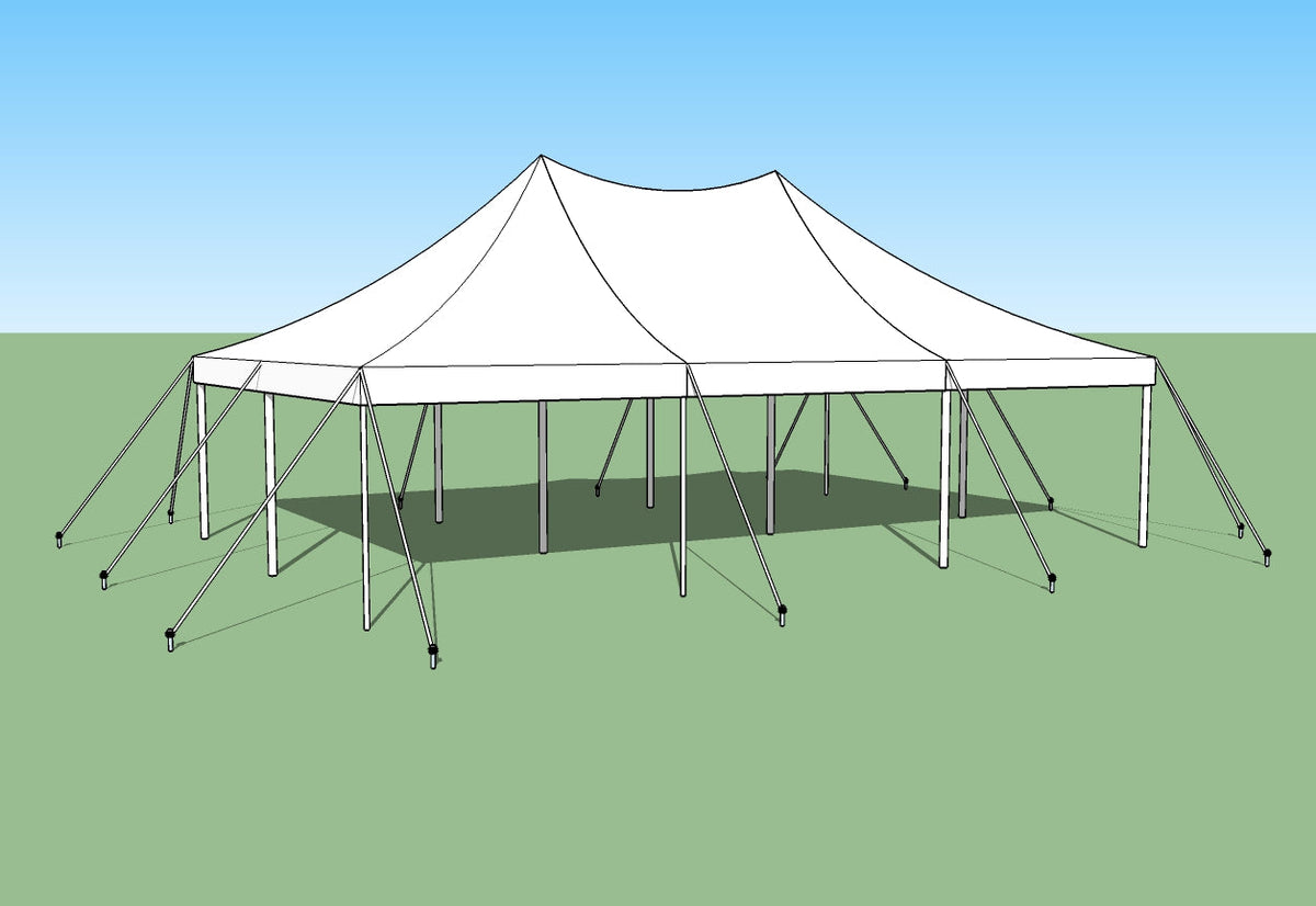 Ohenry 20' x 30' High Peak Pole Tent set up as a party tent - white vinyl top with elegant peak