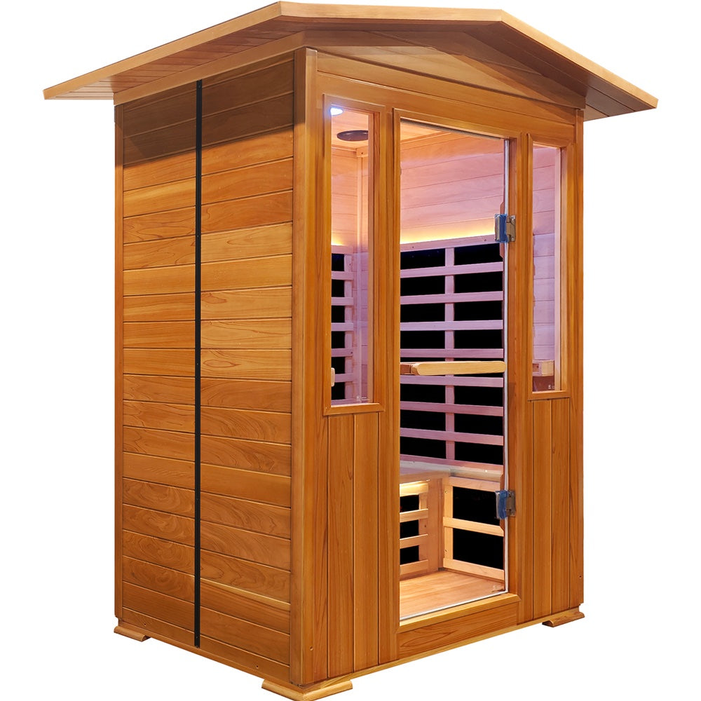 GoldenWave Outdoor Two-Person Red Cedar Far Infrared Sauna with RGB Lighting - exterior view