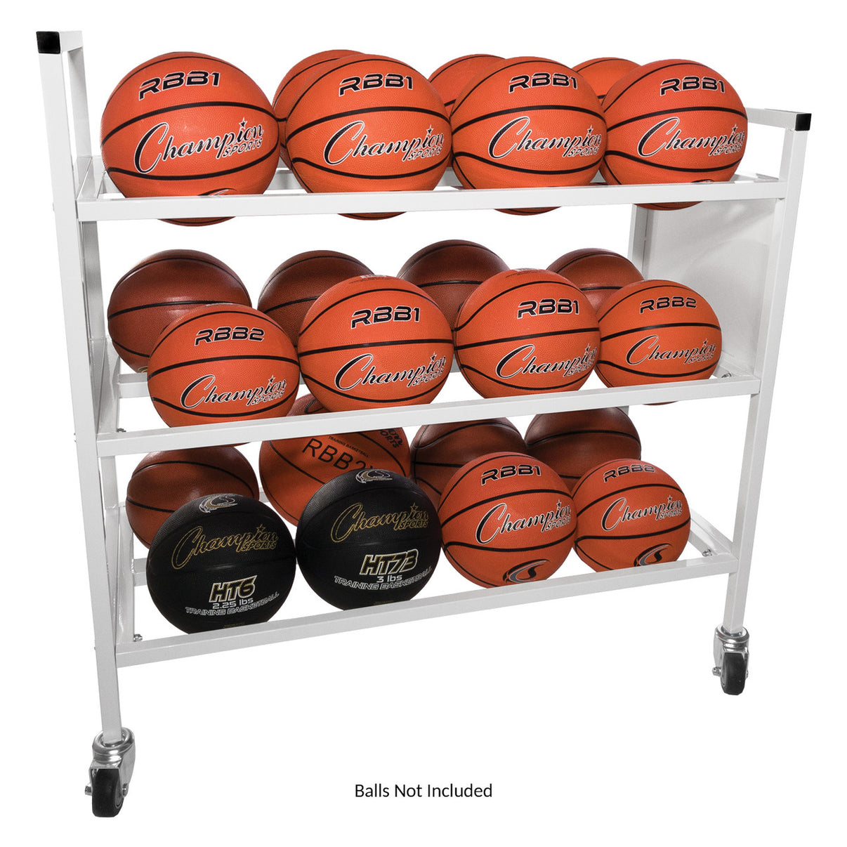 Champion Sports 24 Ball Double Wide Ball Cart in white powder-coated steel with rubberized casters