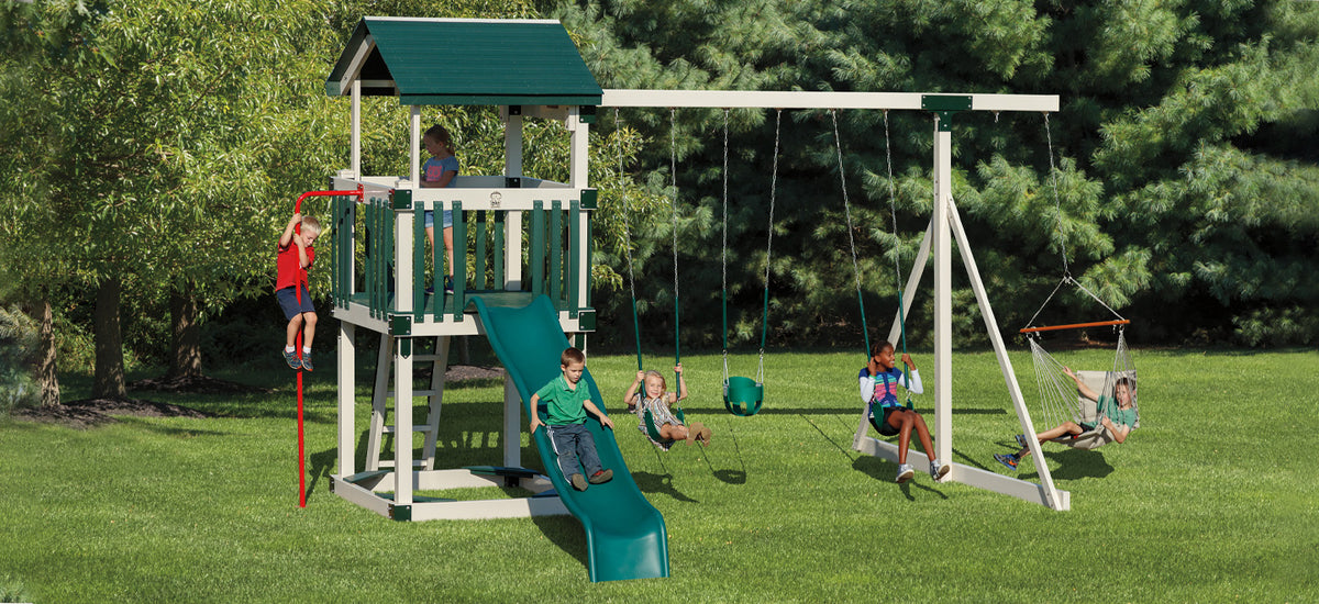 Adventure World Busy Basecamp Swing Set Package B55-7 - full view with Wonder Wave Slide, swings, and Fireman's Pole