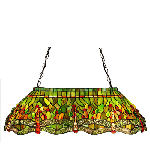 Meyda Tiffany Hanginghead Dragonfly 32-inch Oblong Pendant - mahogany bronze hardware with Amber, Pond Green, and Scarlet art glass