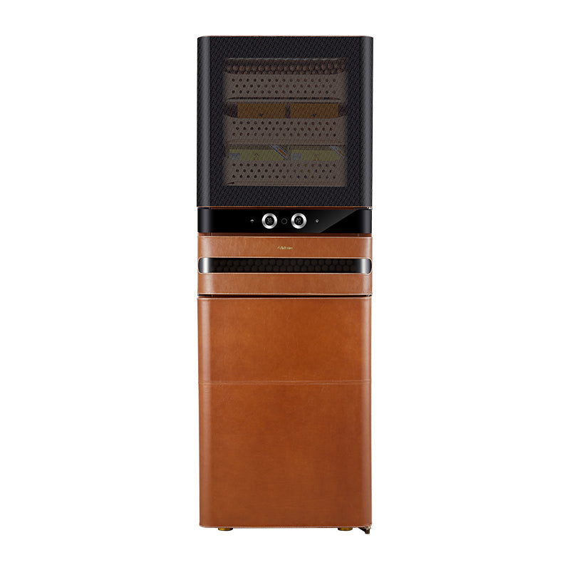 Afidano 1500 Ct Cigar Humidor front view with genuine leather exterior and Spanish cedar drawers