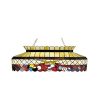Meyda 40 inch Burgundy Billiard Oblong Pendant with stained glass shade featuring pool cues and billiard ball art