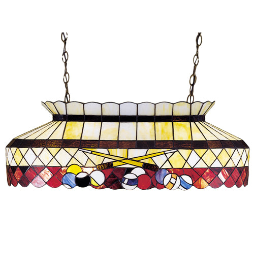 Meyda 32-inch Burgundy Billiard Oblong Pendant with stained glass pool cue design and Mahogany Bronze finish
