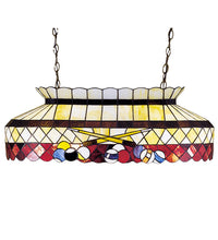 Meyda 32-inch Burgundy Billiard Oblong Pendant with stained glass pool cue design and Mahogany Bronze finish