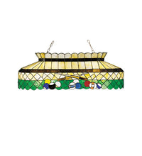 Meyda 40" Green Billiard Oblong Pendant with stained glass shade featuring pool cues, stripes, solids, and cue ball