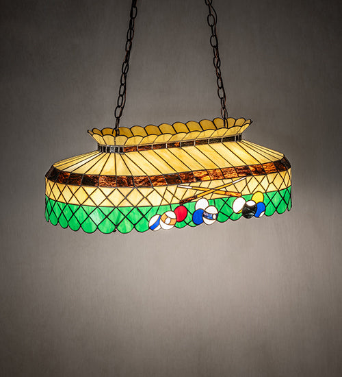 Meyda 31 inch Green Billiard Oblong Pendant with stained glass shade and Mahogany Bronze hardware