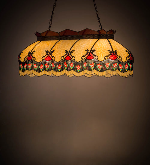 Meyda 44" Isabella Oblong Pendant - Beige Art Glass with Cathedral Red and Hand-Beaded Fringe