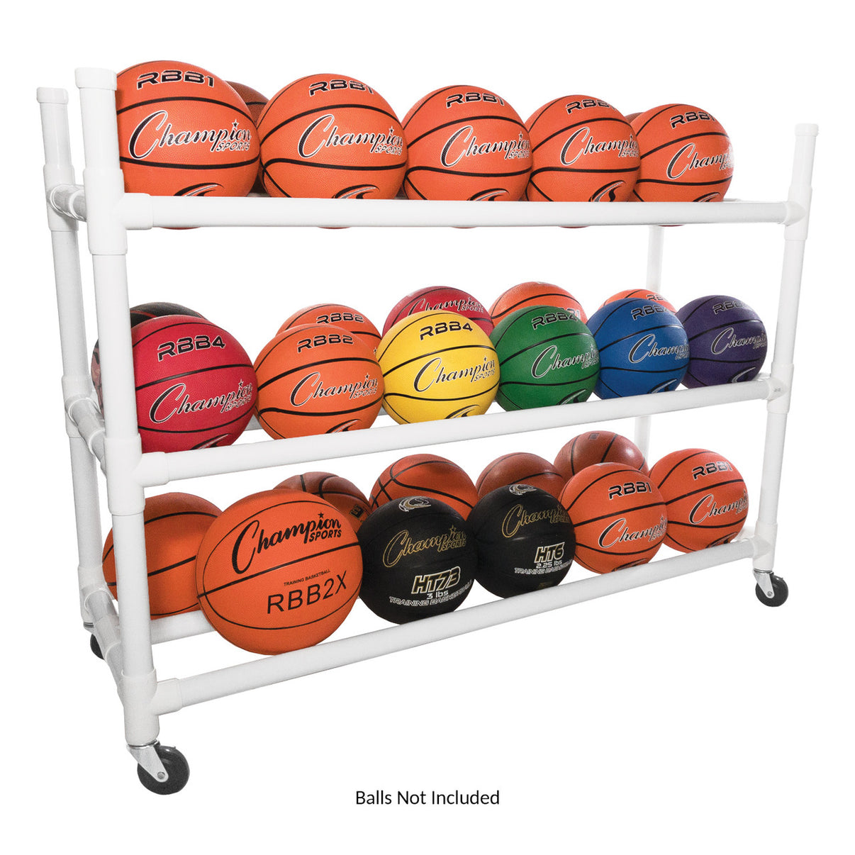 Champion Sports 30-Basketball Heavy-Duty Cart - 3-tier plastic ball storage cart with swivel casters