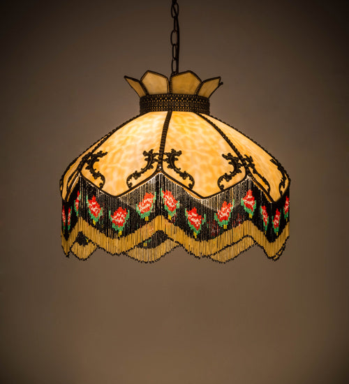 Meyda 21 inch Isabella Pendant with Beige Art Glass and hand-beaded fringe in Mahogany Bronze finish - front view