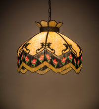 Meyda 21 inch Isabella Pendant with Beige Art Glass and hand-beaded fringe in Mahogany Bronze finish - front view