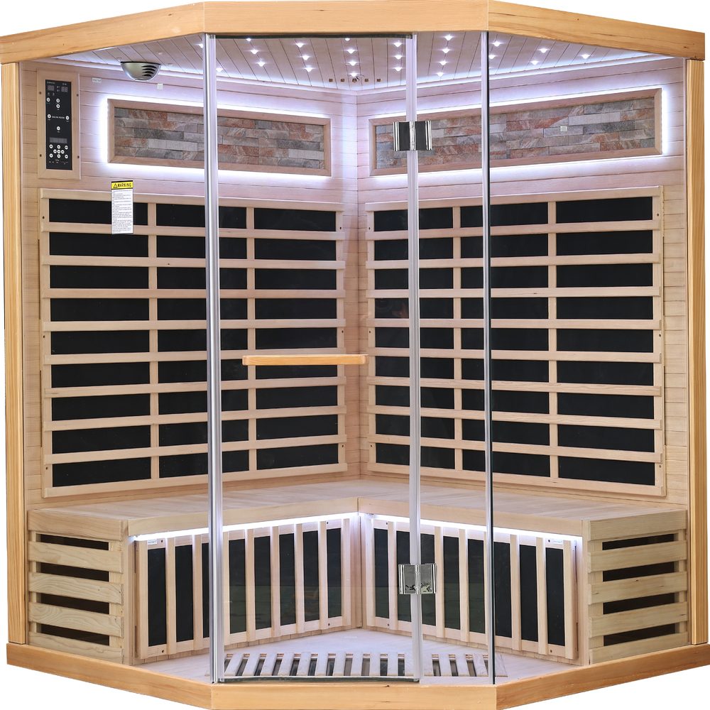 Family-size pentagonal hemlock infrared sauna with starry sky lighting - front view
