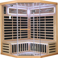 Family-size pentagonal hemlock infrared sauna with starry sky lighting - front view