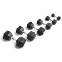 Rae Crowther Rubber Hex Dumbbell Set full view with knurled chrome handles and rubber hex heads