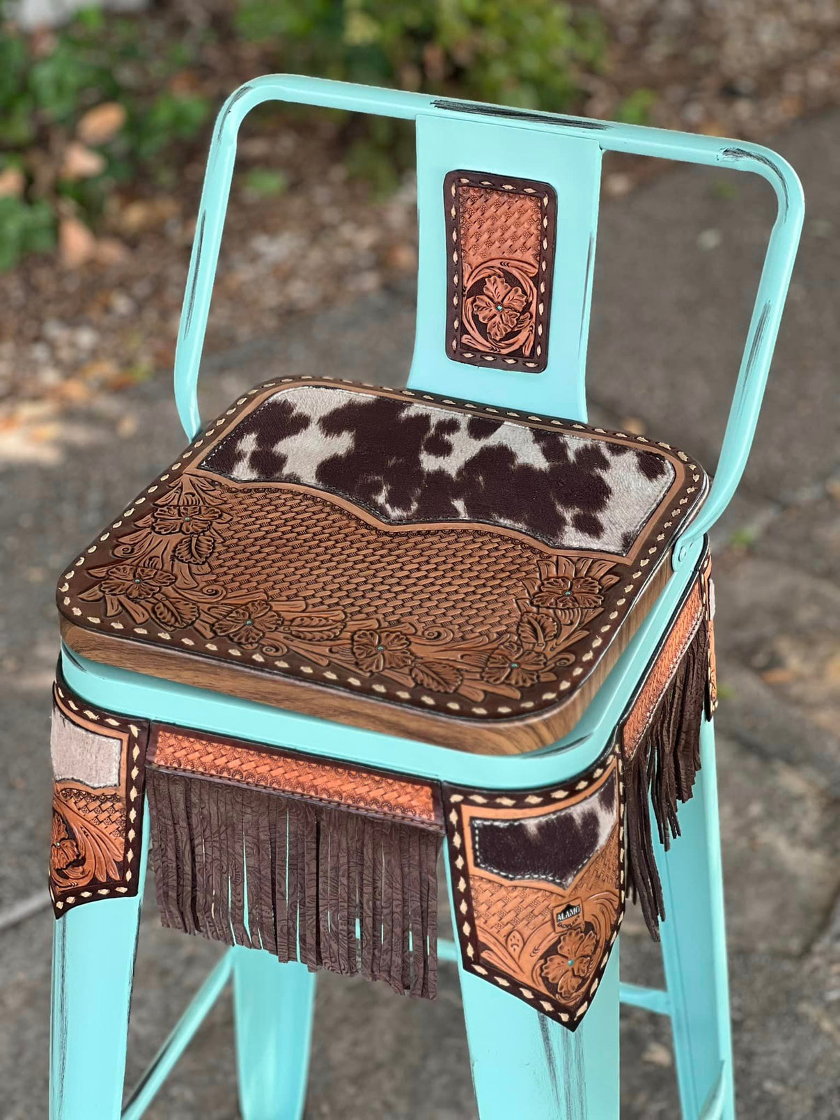 Alamo Saddlery cow suede inlay and fringe swivel bar stools with short back - hero view
