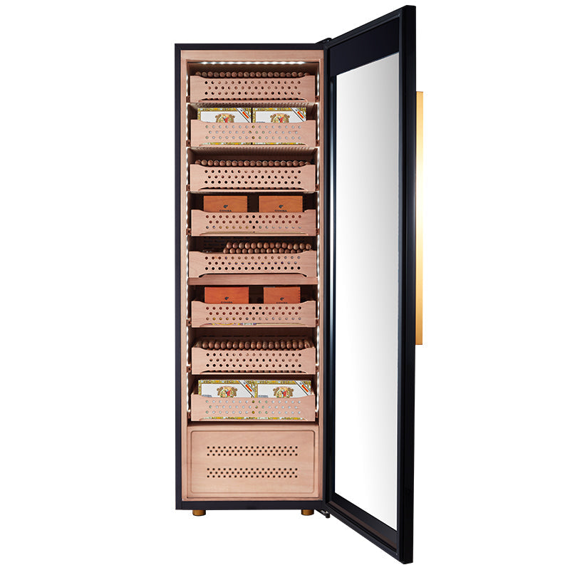 Afidano 2500 Count Electric Cigar Humidor - front view open showing Spanish cedar drawers