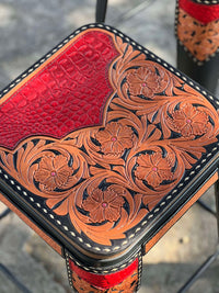 Alamo Saddlery Bar Stools with Red Gator leather inlay, golden leather with full floral hand tooling and black background paint
