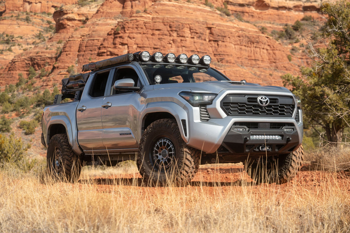 2024+ Toyota Tacoma Rago Fabrication Roof Rack installed - front three-quarter view