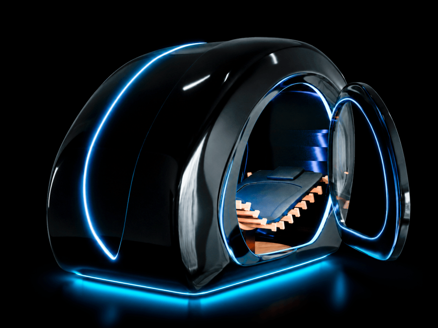 Revique HaloX longevity capsule open view showing padded reclining interior with blue neon accent lighting