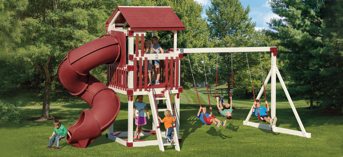 Kids playing on the Adventure World Busy Basecamp Swing Set Package B55-1