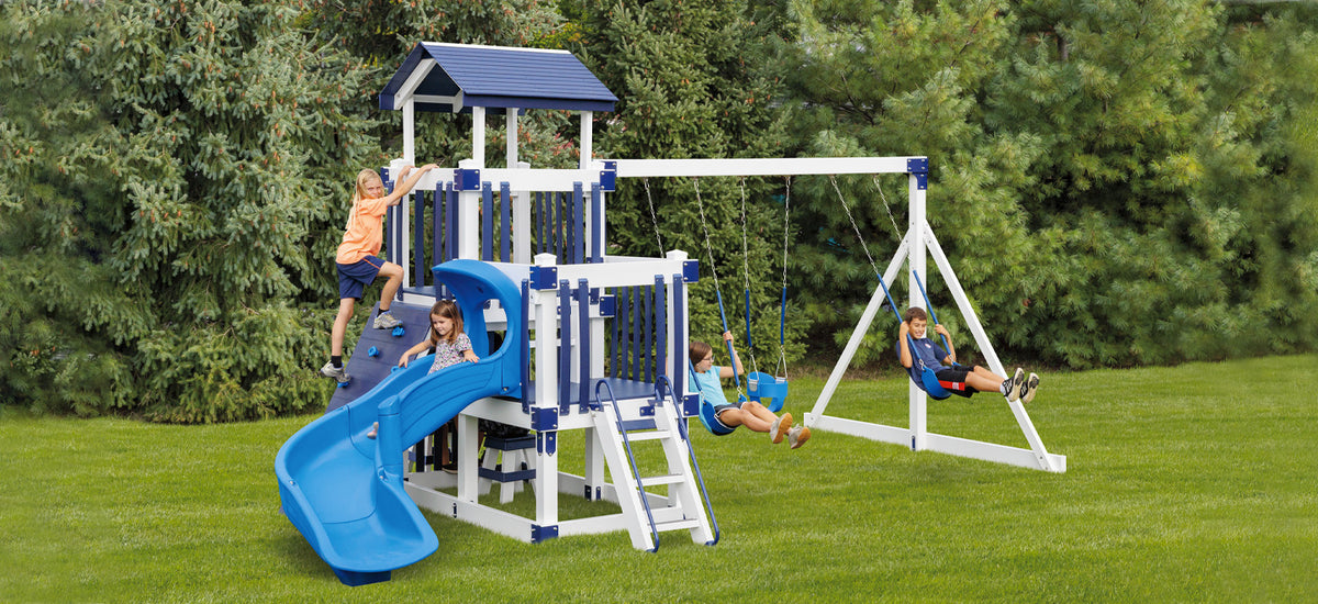 Discovery Depot Package D48-1 two-level swing set with spiral slide, rock wall, swings, and lemonade stand