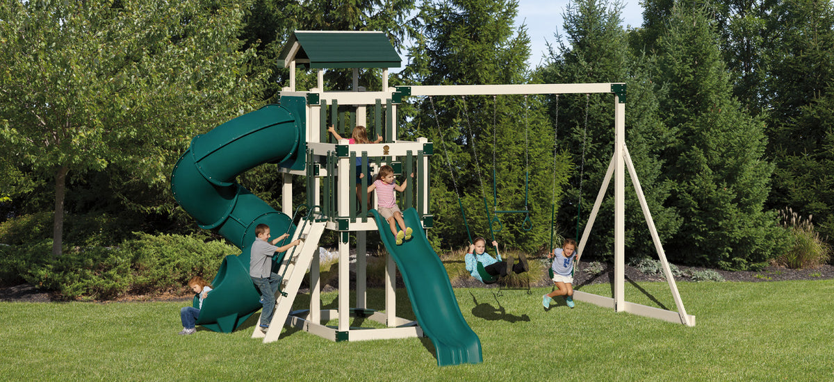 Discovery Depot Package D48-3 dual tower swing set with Twisty Turbo slide, Wonder Wave slide, and 10ft swing beam