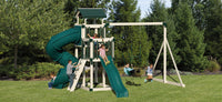Discovery Depot Package D48-3 dual tower swing set with Twisty Turbo slide, Wonder Wave slide, and 10ft swing beam
