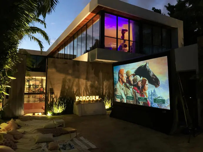 Epic Outdoor Cinema Pro 9 Complete System with inflatable HD screen, projector, and 2000W speaker setup