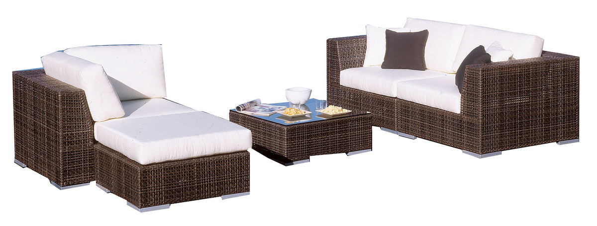 Pelican Reef Patio Atlantis 5-Piece Modular Sectional Set with Sunbrella cushions, anodized aluminum frame and Rehau Java Brown resin wicker
