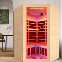 Two-Person Canadian Hemlock Pentagonal Far Infrared Sauna interior view with RGB lighting