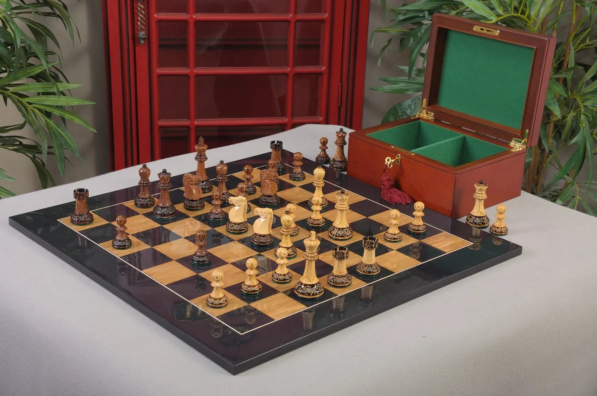 Burnt Golden Rosewood Reykjavik II Series Chess Set, Box and Gloss Board Combination - full view