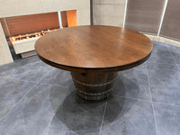 Whiskey & Wine Barrel Game Table Set g Tops, 6 Chairs, Dark Navy Upholstery