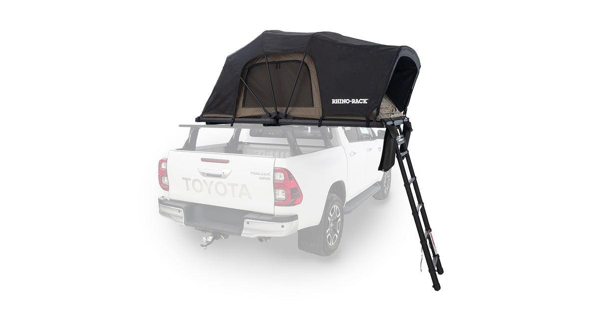 Rhino Rack Soft Shell Roof Top Tent mounted on vehicle roof - Black and Khaki