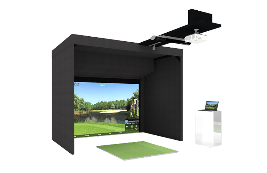 aboutGOLF aG Sim Kit Enclosure front view in a residential installation