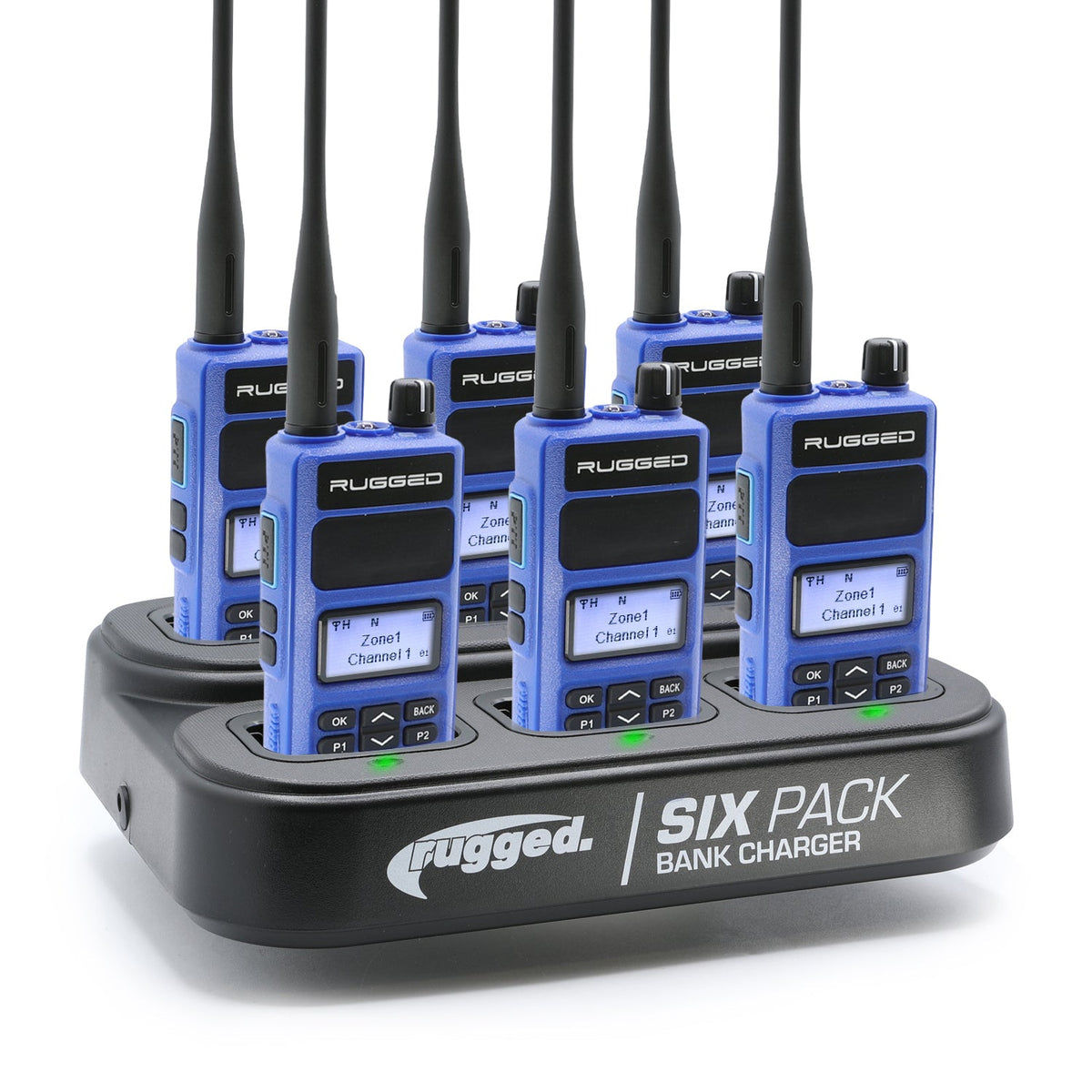 Rugged Radios 6-Pack Bank Charger with R1 Blue Handheld Radio Bundle