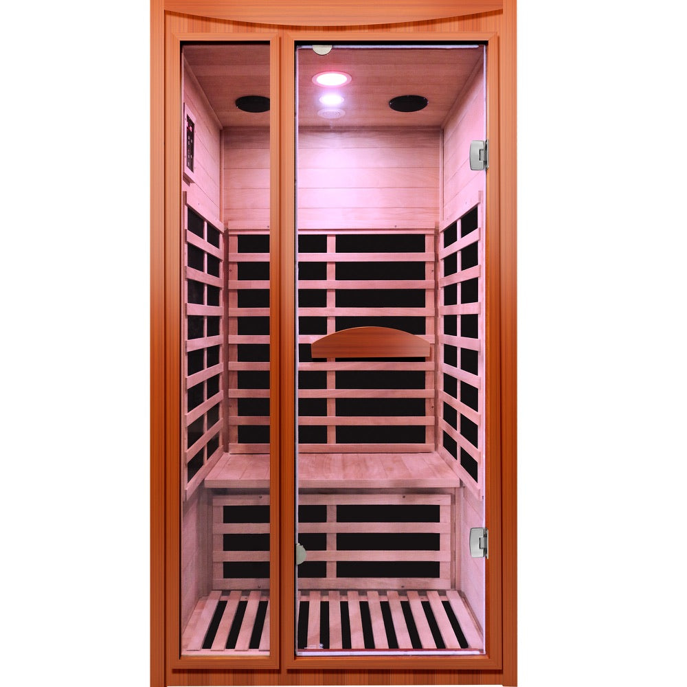 Two-person GoldenWave far infrared sauna interior showing bench and heating panels