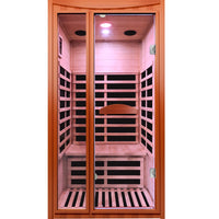 Two-person GoldenWave far infrared sauna interior showing bench and heating panels