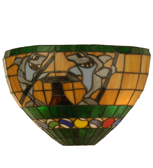 Meyda 14-inch Pool Shark Right Wall Sconce with hand-cut stained glass billiards design and emerald green crown