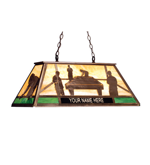 Meyda Tiffany 33 inch Personalized Pool Hall Oblong Pendant in Antique Copper with Beige and Green Art Glass