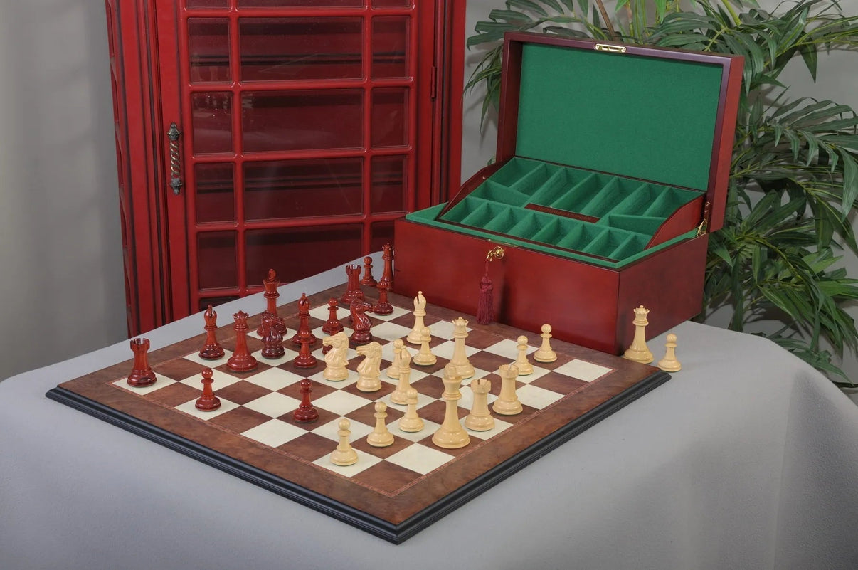 Capablanca Chess Set Box and Board Combination - full view with chessmen on Elm Burl board