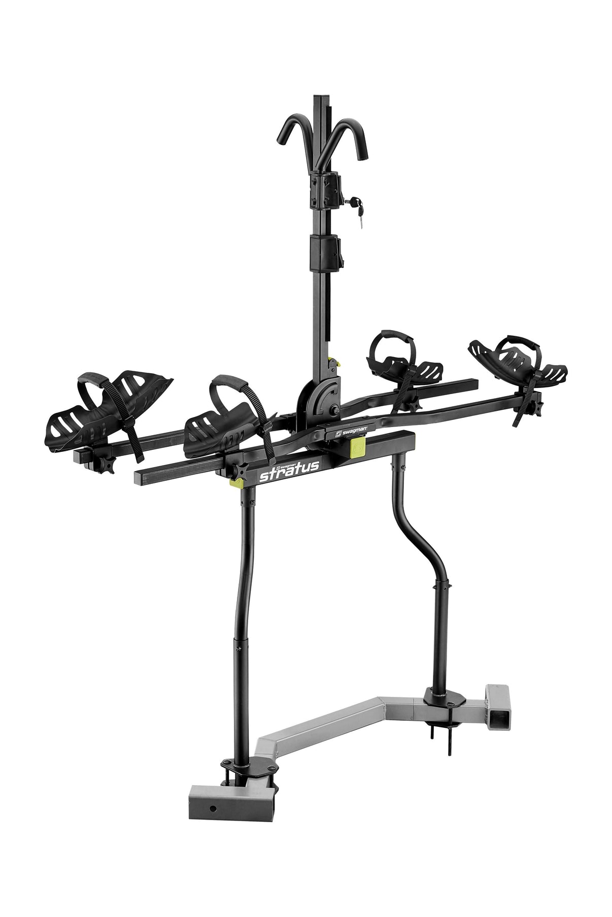 Swagman Stratus travel trailer bike rack mounted to trailer frame, front view