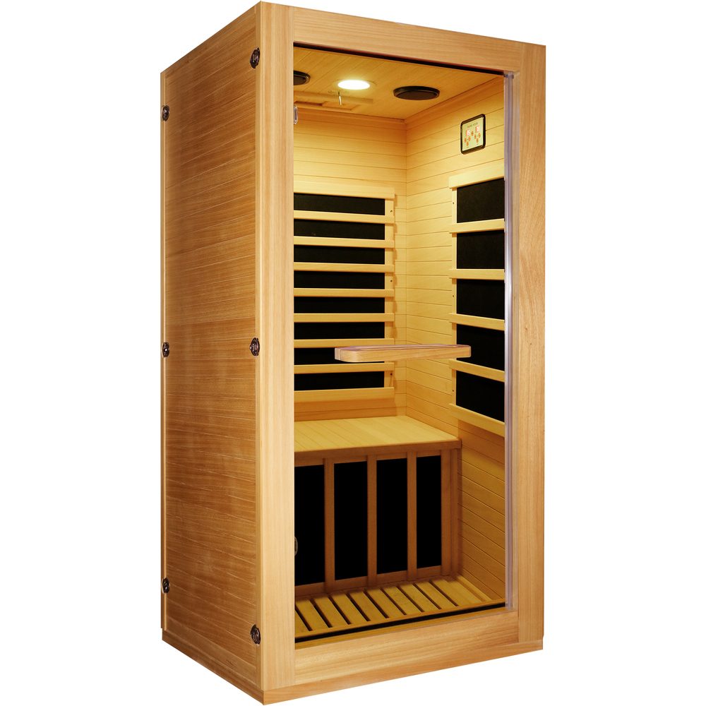 GoldenWave one-person natural wood infrared sauna with 10-color downlight - front view