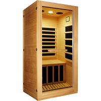 GoldenWave one-person natural wood infrared sauna with 10-color downlight - front view
