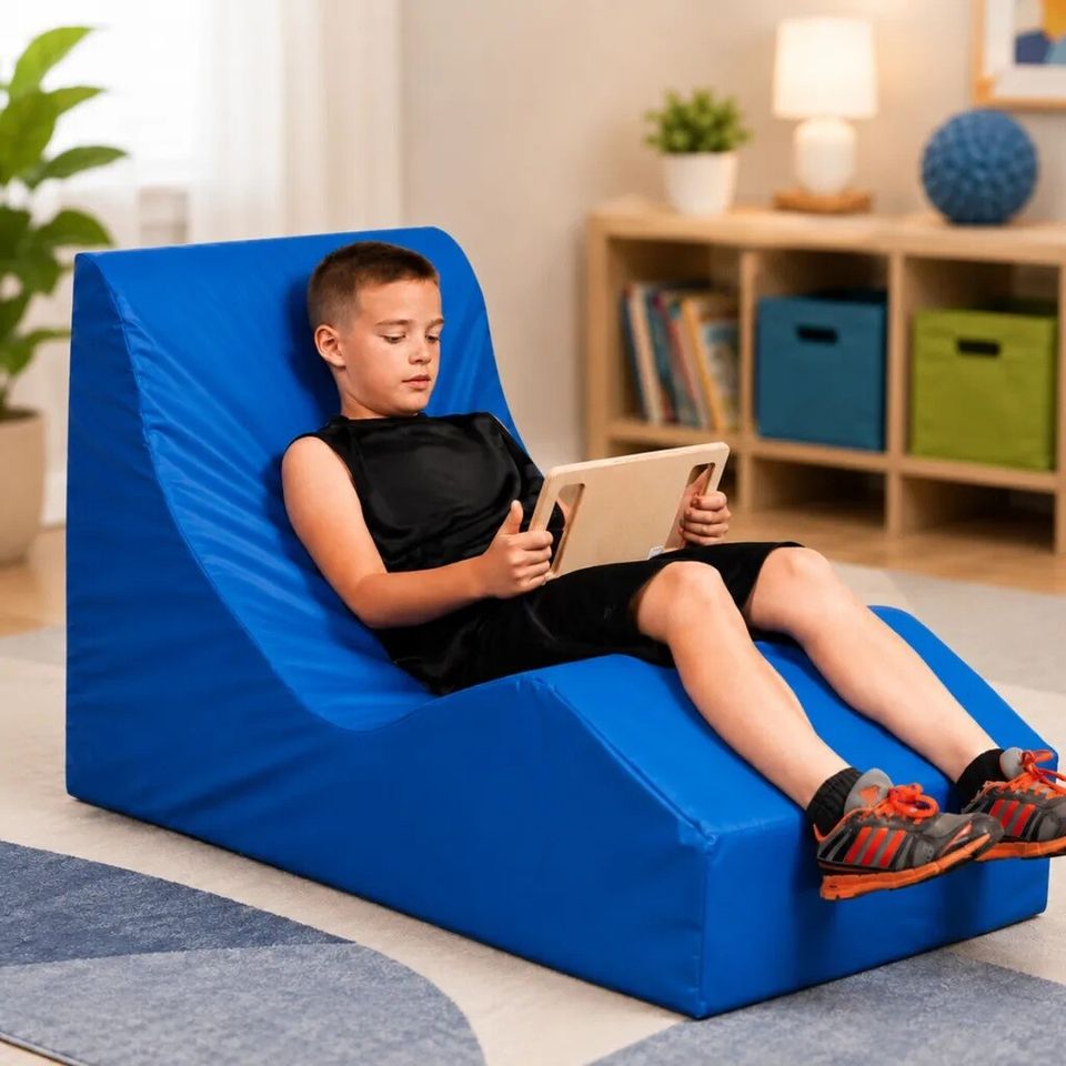 TFH Relaxer Chair in blue vinyl - full view