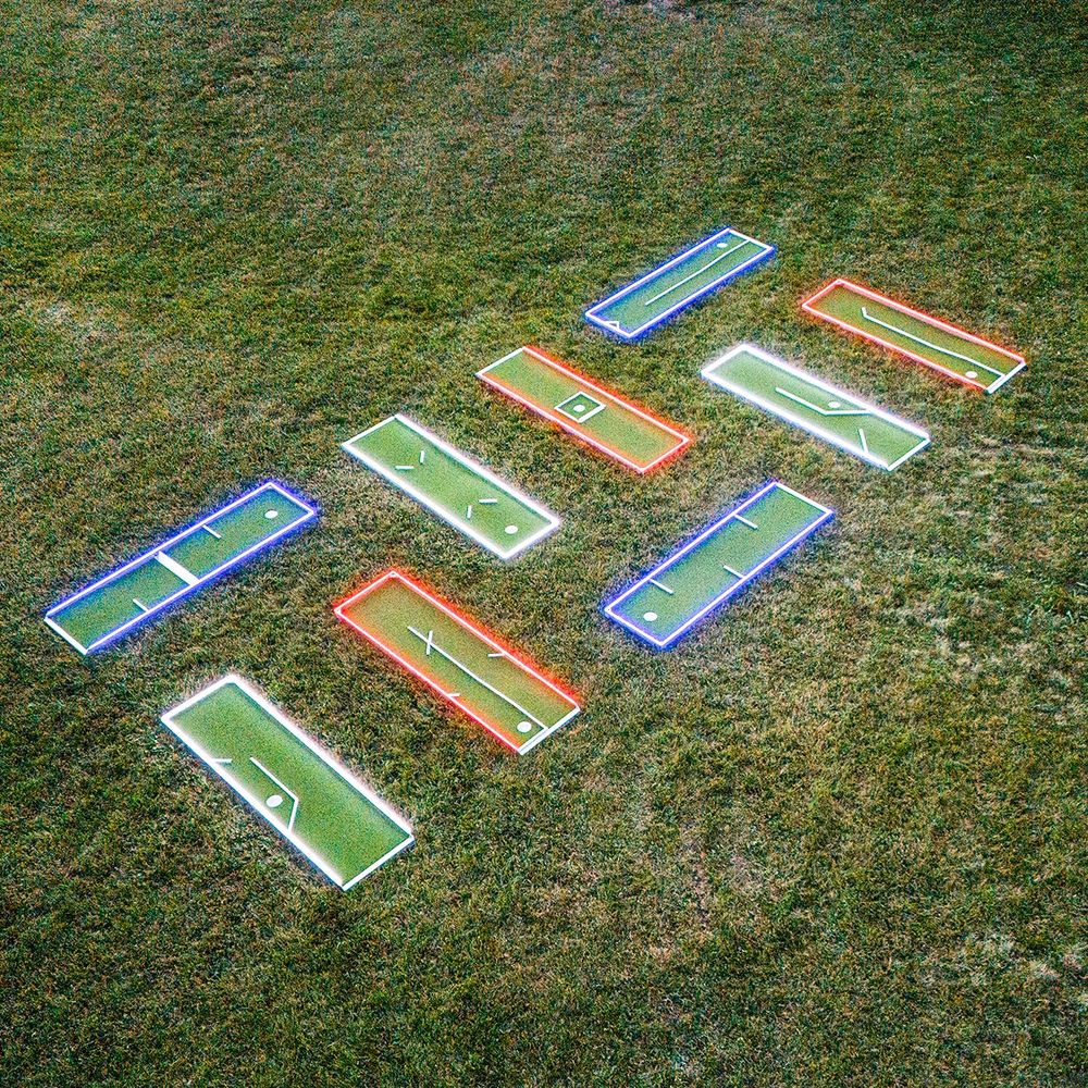 Alumi Games 9-Hole Mini Golf Course with LED Lights and Fixed Obstacles, including transportation cart