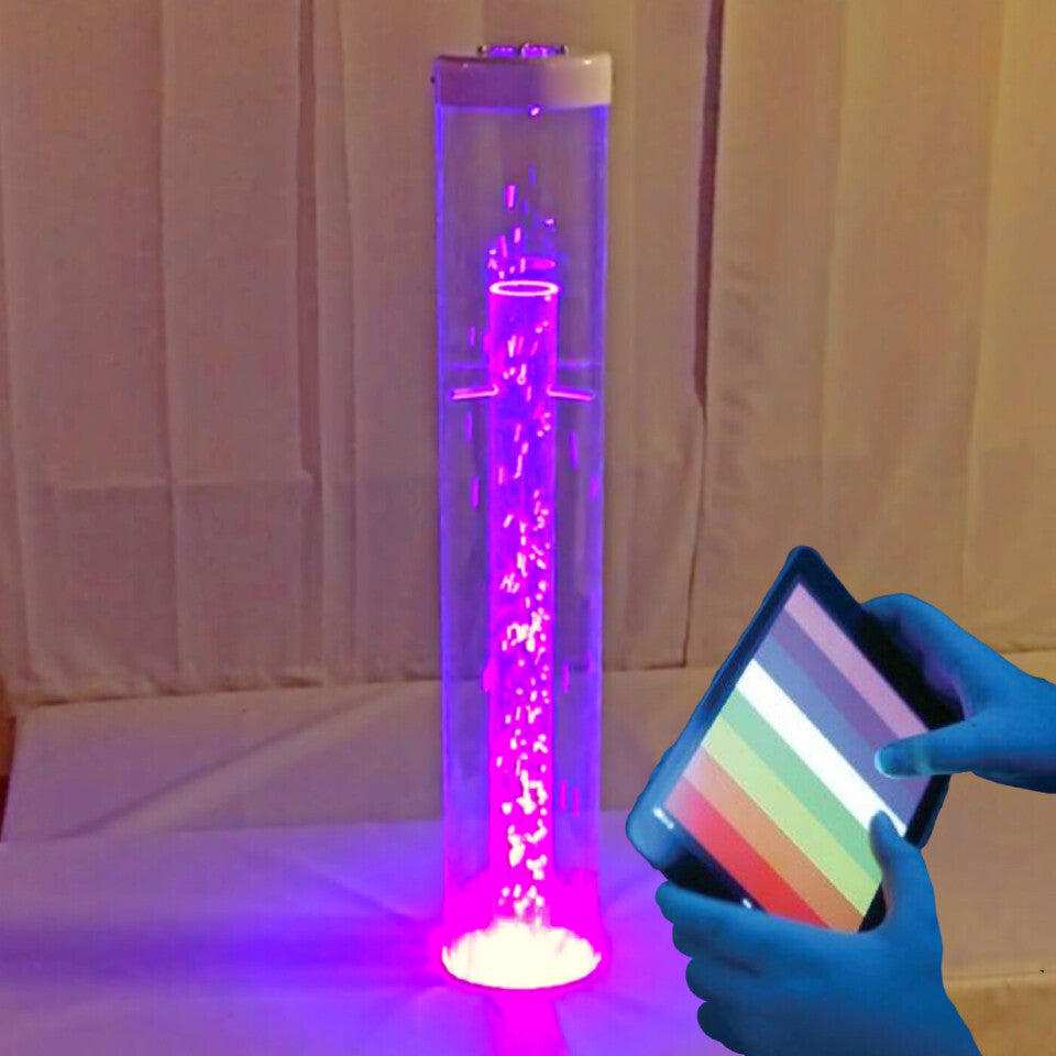 MSE Genie Hurricane Tube full view with LED color lighting and styrofoam bead display