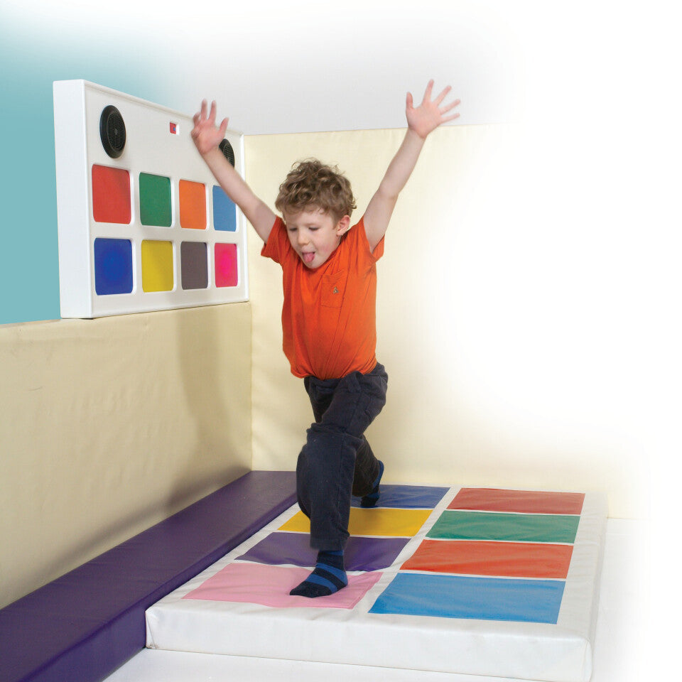 Musical Squares interactive sensory floor pad with colorful squares and wall box control unit