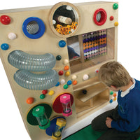 Gravity Wonder Wall full view showing tube tracks, hourglasses, glitter panel, and marble wheel