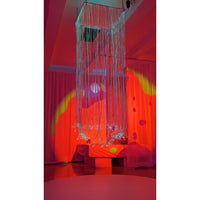 Fiber Optic Curtain Ceiling Mount with 100 glowing fiber optic strands hanging from wood frame