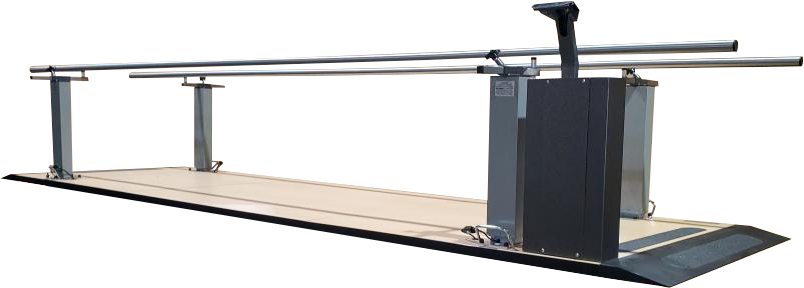 Armedica AM-TM703 15-foot electric height adjustable platform mount parallel bars with 3-piece slip-resistant platform and stainless steel handrails